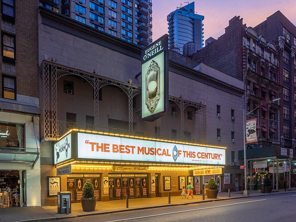 The Book of Mormon marquee at the Eugene O'Neill Theatre on West 49th Street in New York City