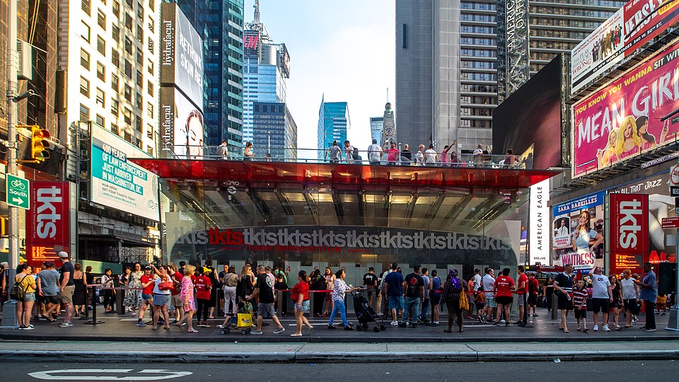 TKTS discount ticket booth in Times Square, New York City — guide to Broadway rush tickets, lottery tickets, and how to get cheap Broadway seats