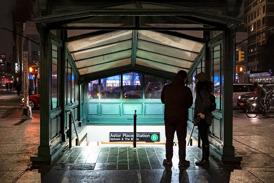Astor Place subway entrance at night near Webster Hall in downtown Manhattan
