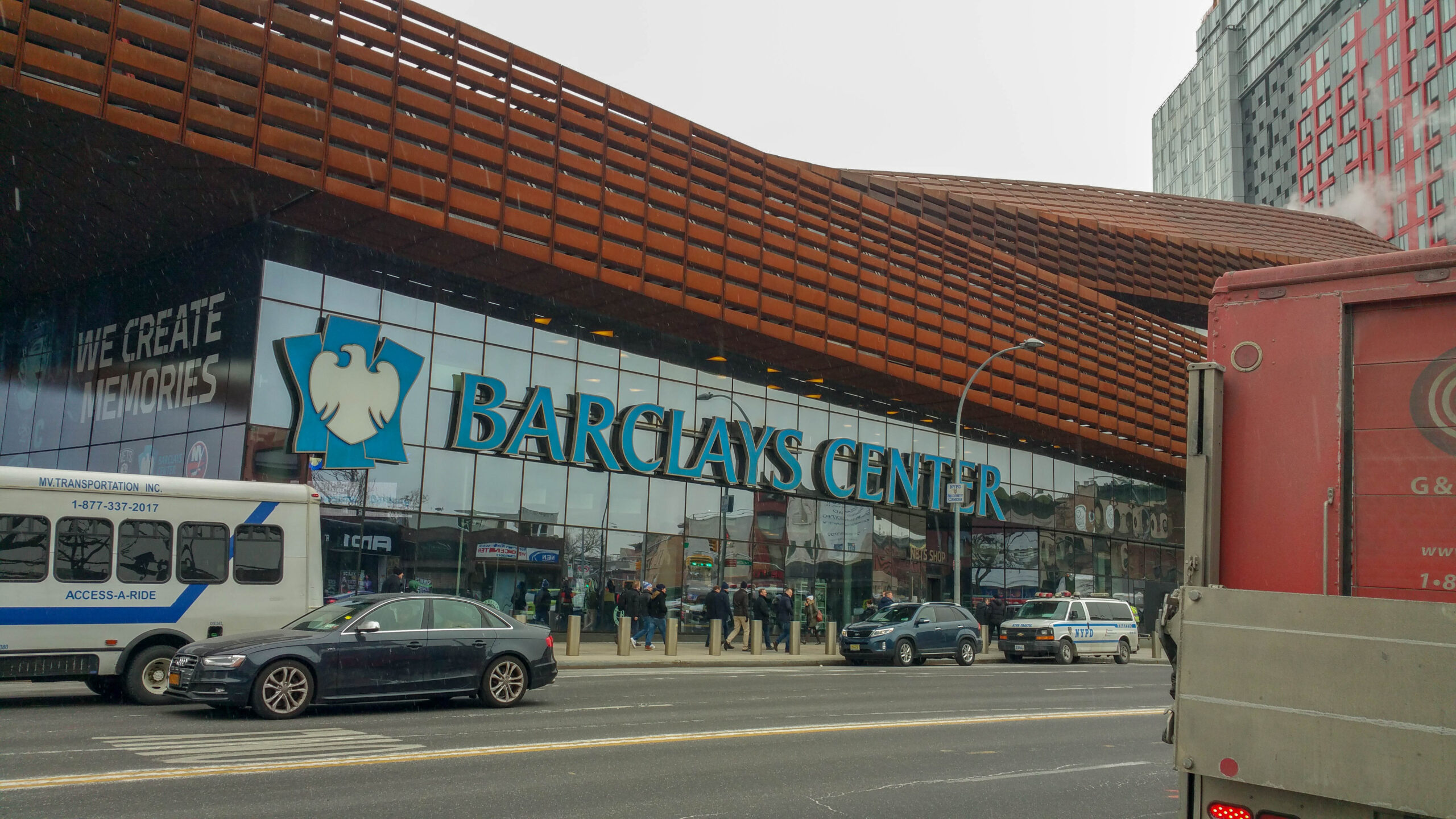 Barclays Center at night from Flatbush Avenue in Brooklyn