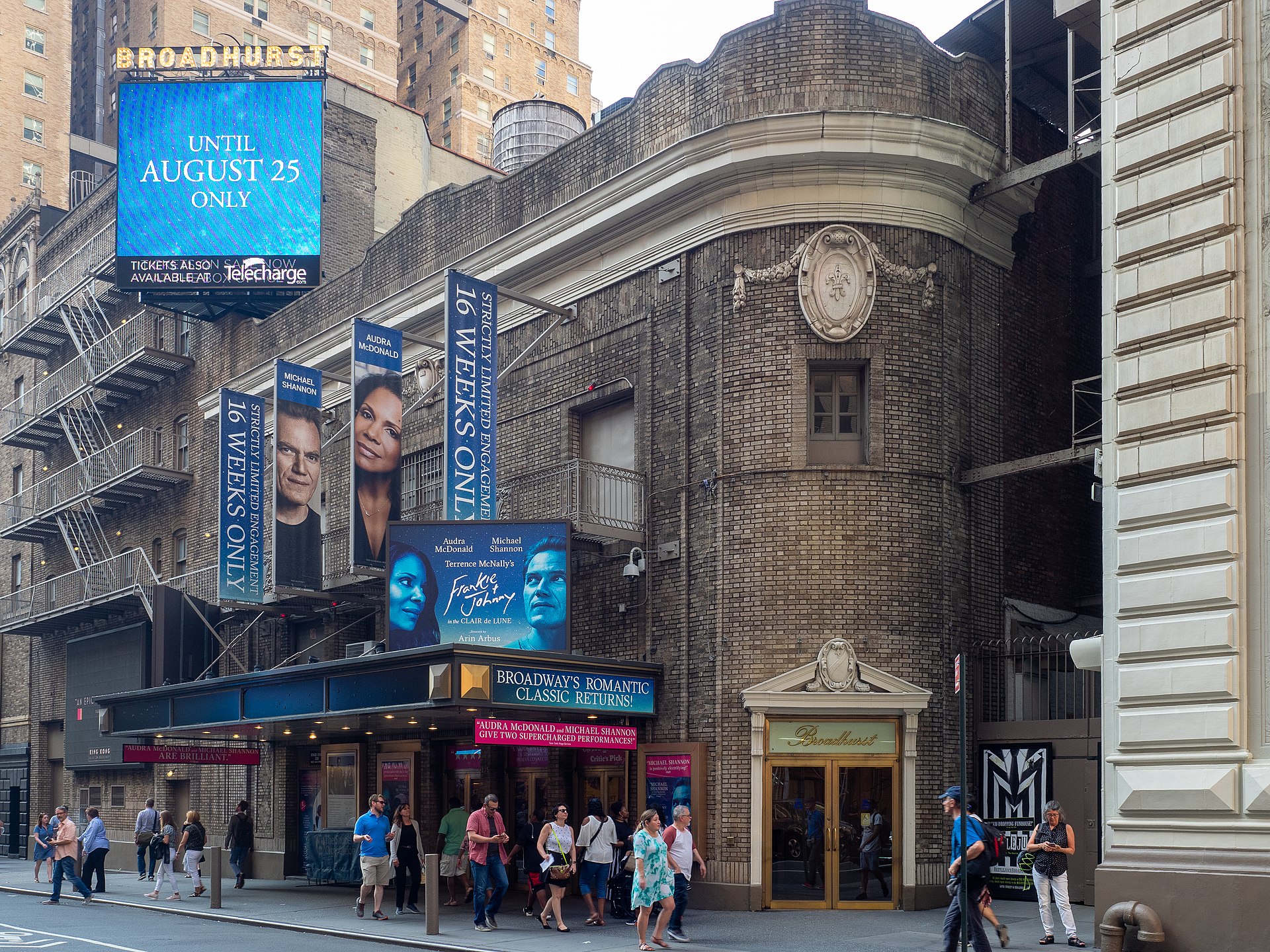 Broadhurst Theatre exterior on West 44th Street in the Broadway Theater District, New York City