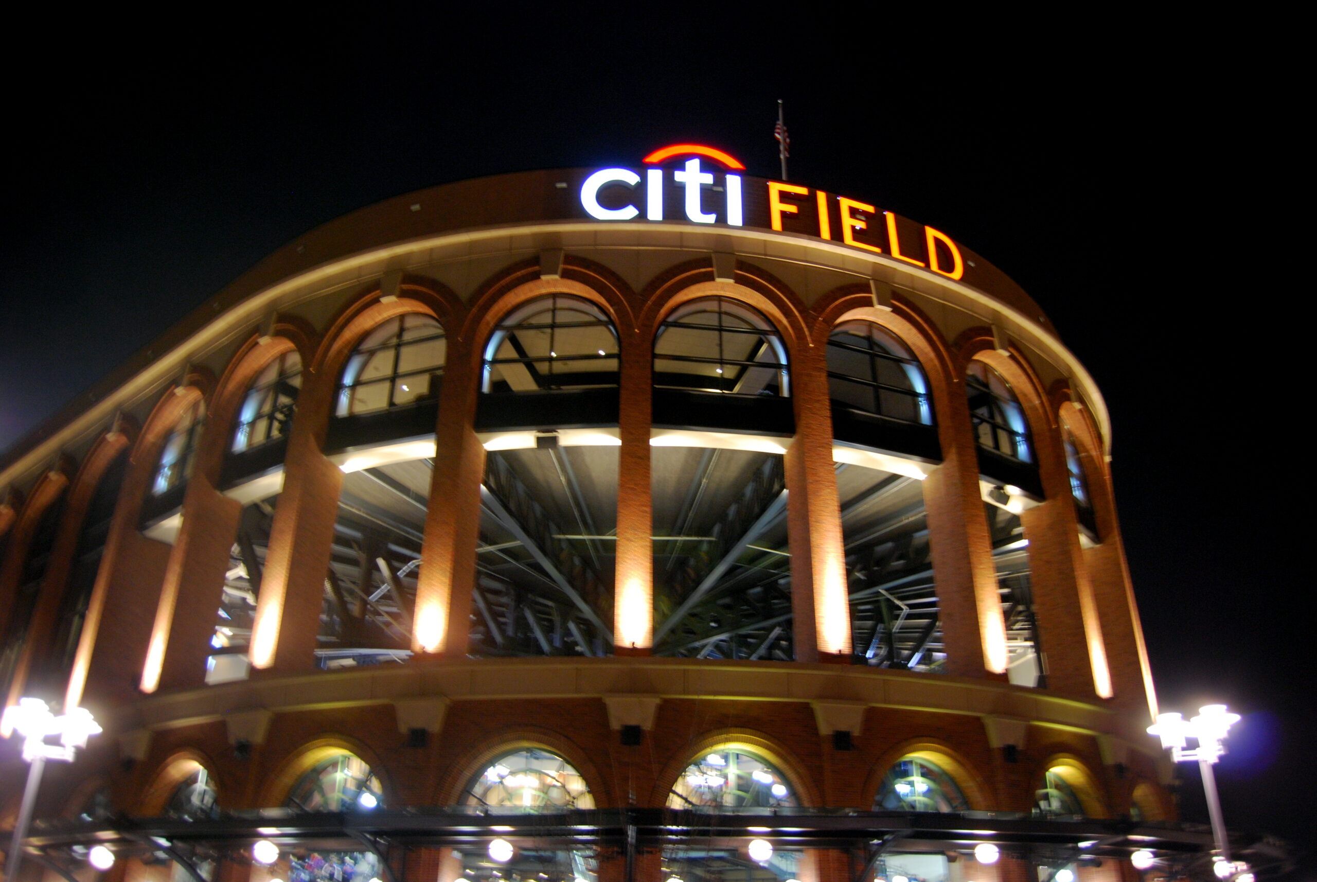 Citi Field exterior at night in Queens