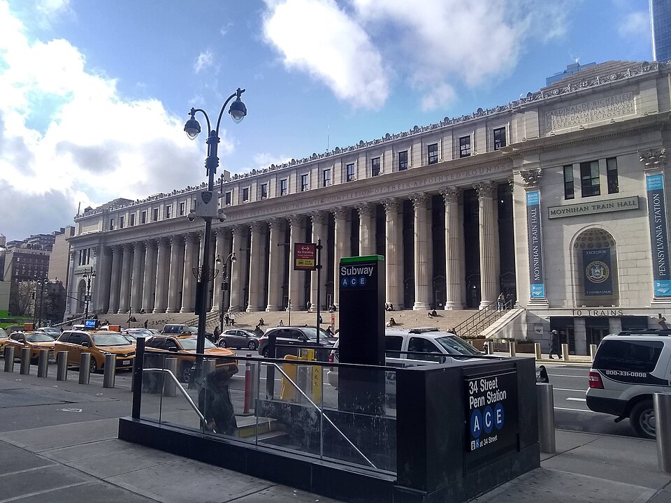 Moynihan Train Hall and the 34th Street Penn Station entrance near Hammerstein Ballroom in Midtown Manhattan