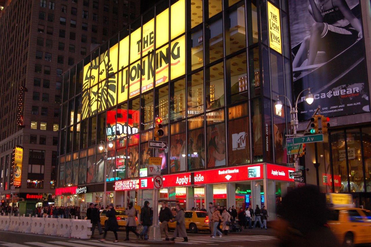 Minskoff Theatre entrance at One Astor Plaza on West 45th Street in the Times Square Theater District of Broadway NYC