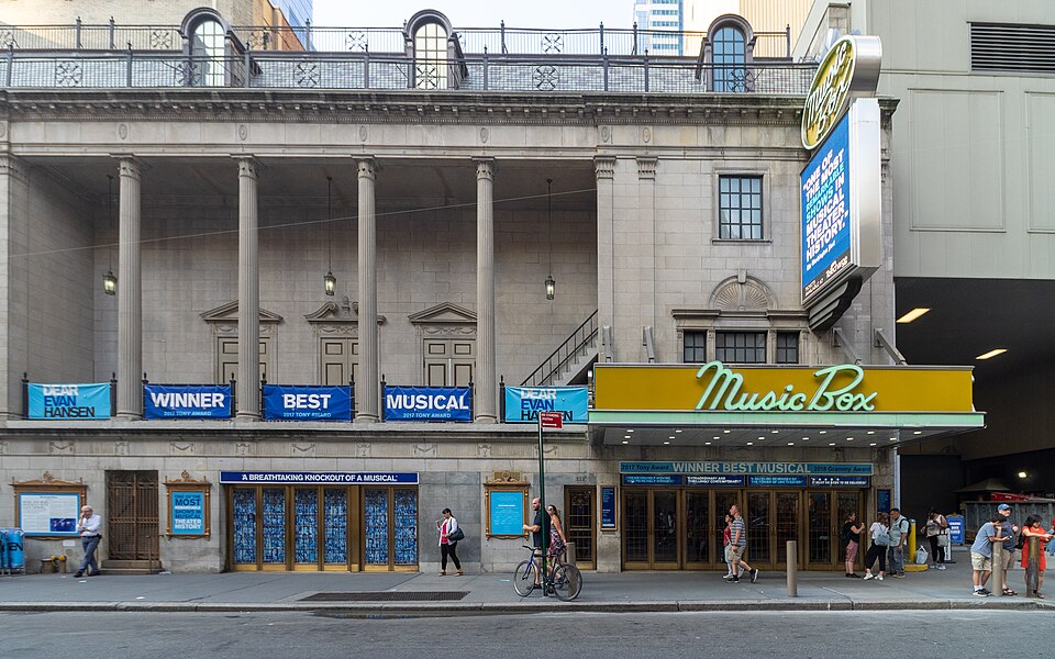 Music Box Theatre facade at 239 West 45th Street in the Theater District of Broadway NYC