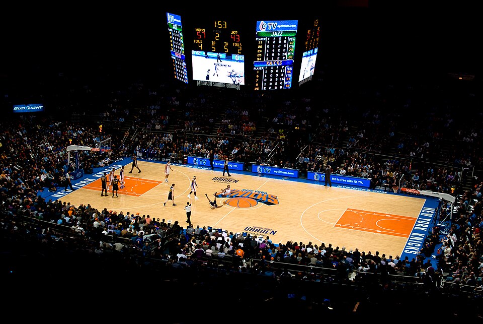 NYC basketball game at Madison Square Garden with the court and crowd visible