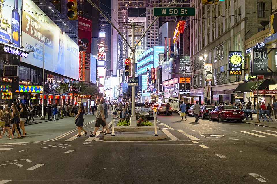 Times Square in Manhattan near the Theater District, where Perfect Crime is playing Off-Broadway