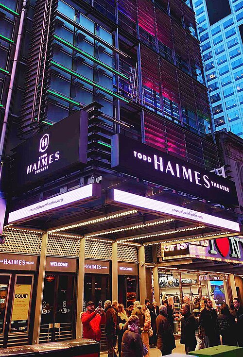 Todd Haimes Theatre marquee on West 42nd Street at night