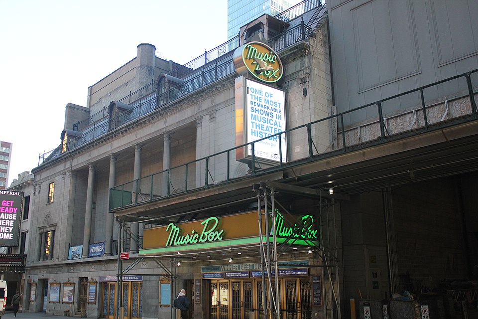 Music Box Theatre on West 45th Street, where Giant is playing on Broadway in spring 2026