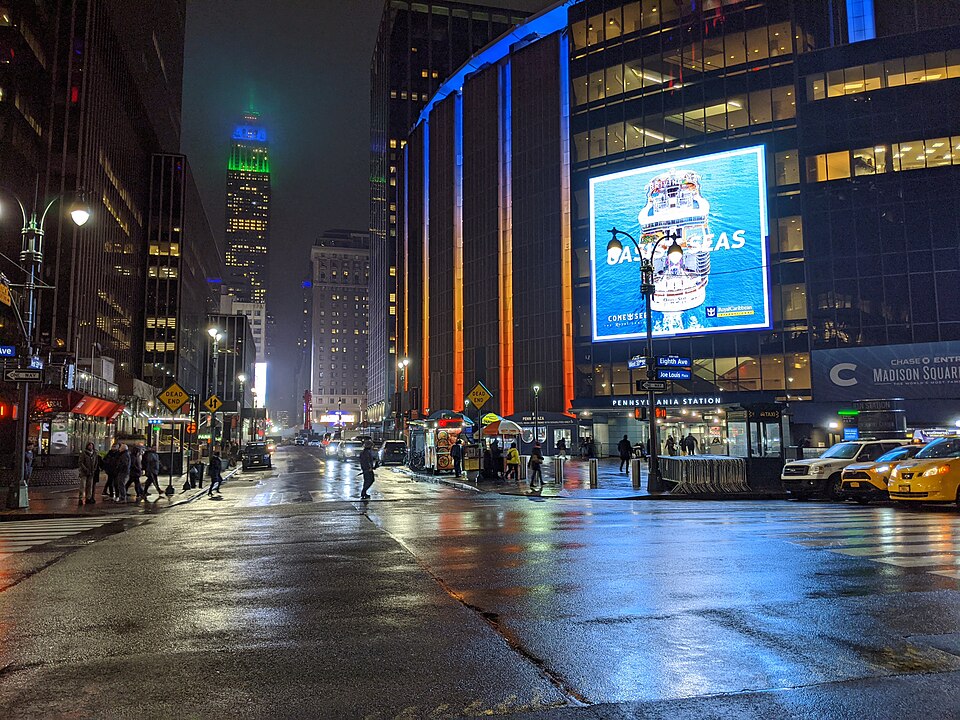Madison Square Garden at night in Midtown Manhattan before a New York hockey game