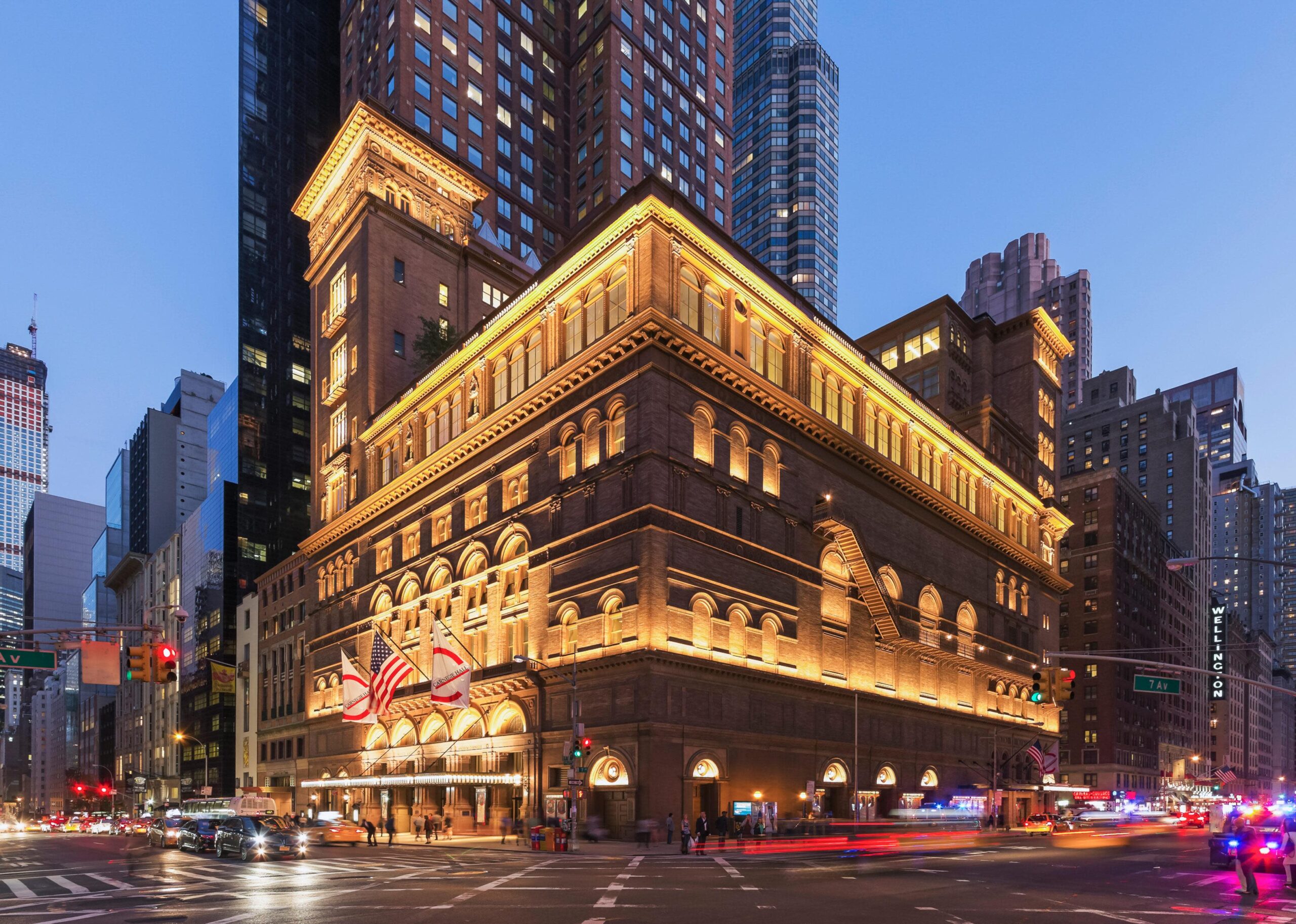 Carnegie Hall exterior on West 57th Street in Midtown Manhattan near restaurants and pre-concert dining