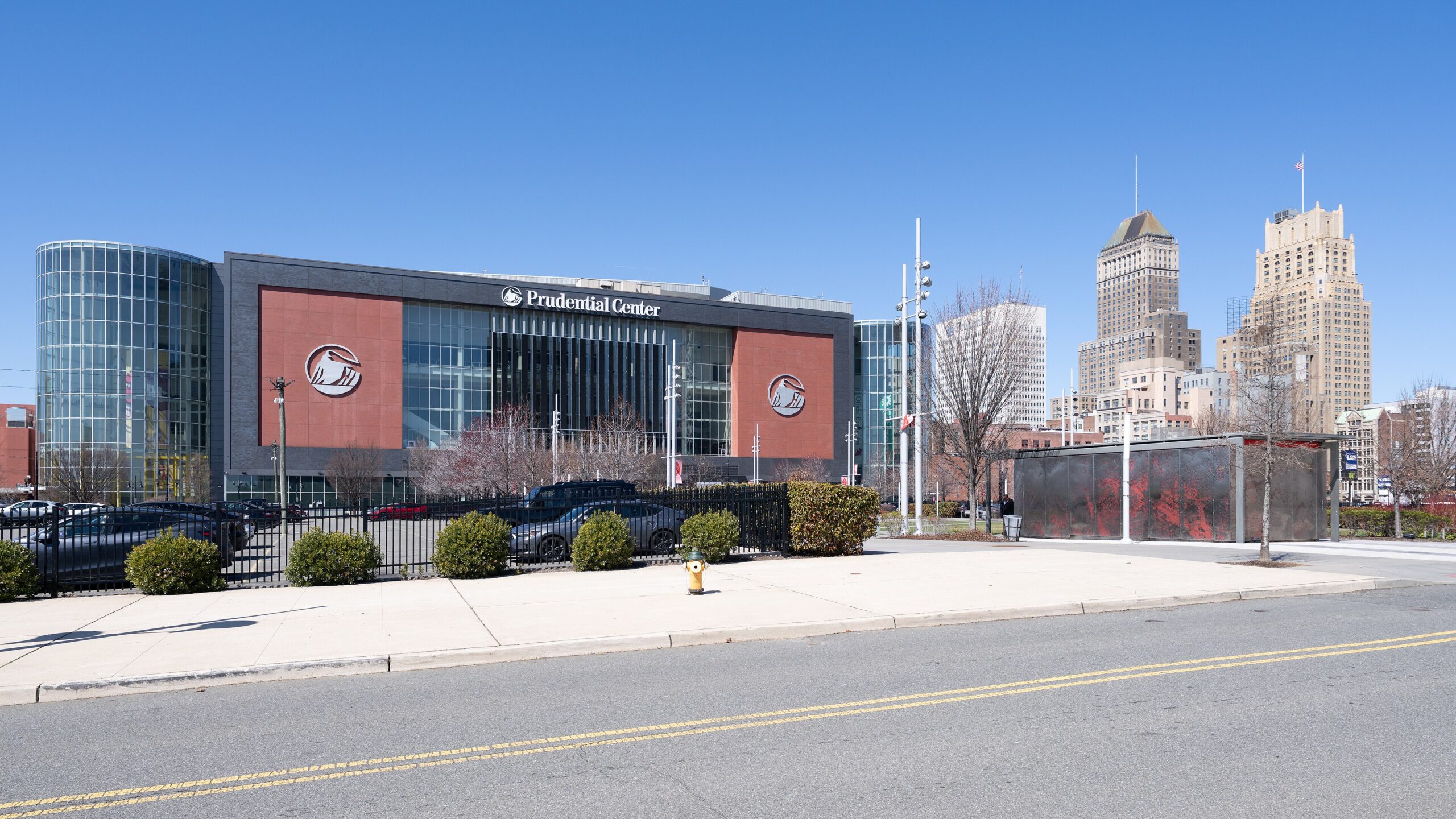 Prudential Center and the Newark skyline near a New Jersey Devils hockey night