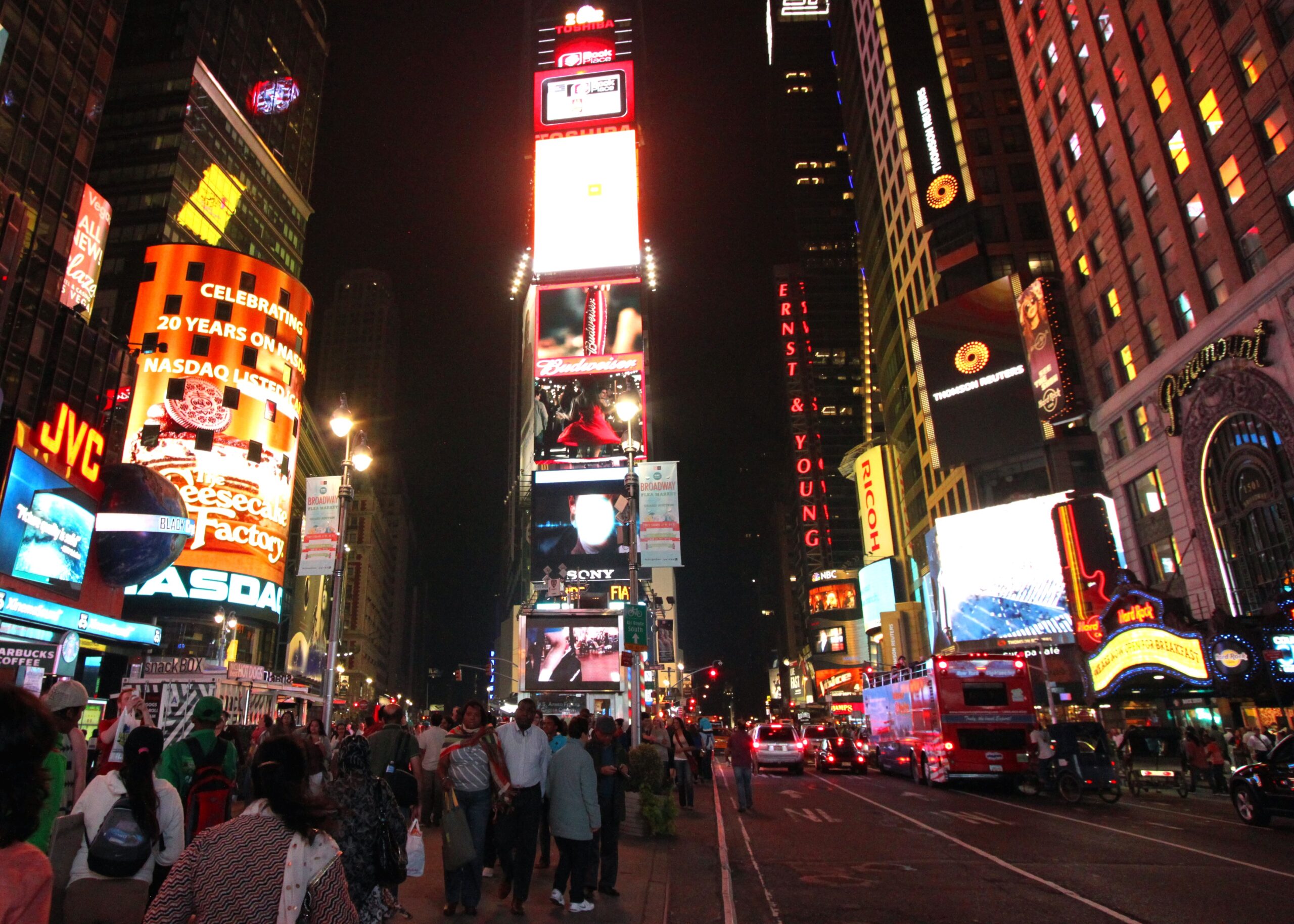 Times Square at night near Broadway, where visitors look for post-show restaurants in NYC