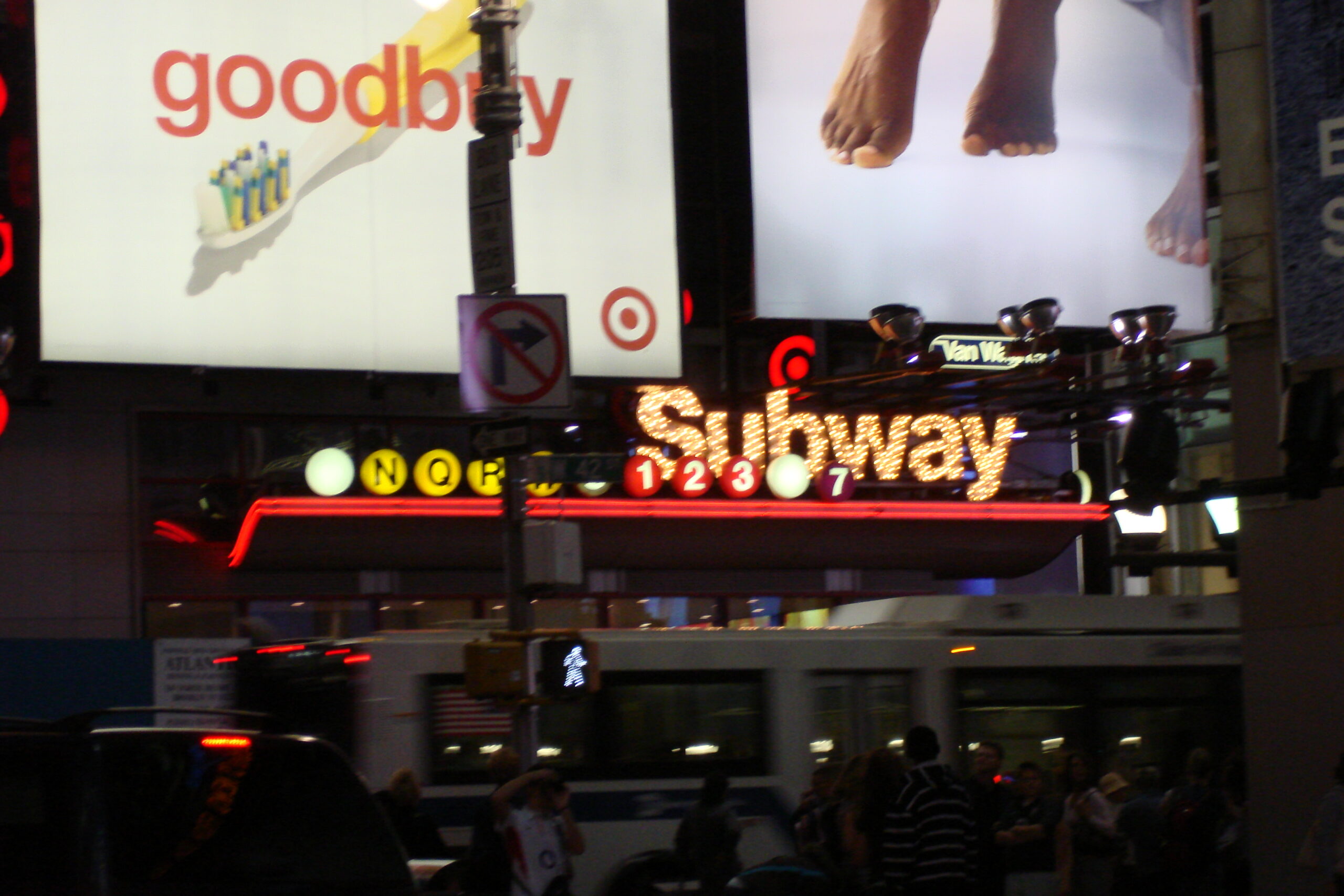 Times Square 42nd Street subway entrance at night for getting home after a show in NYC