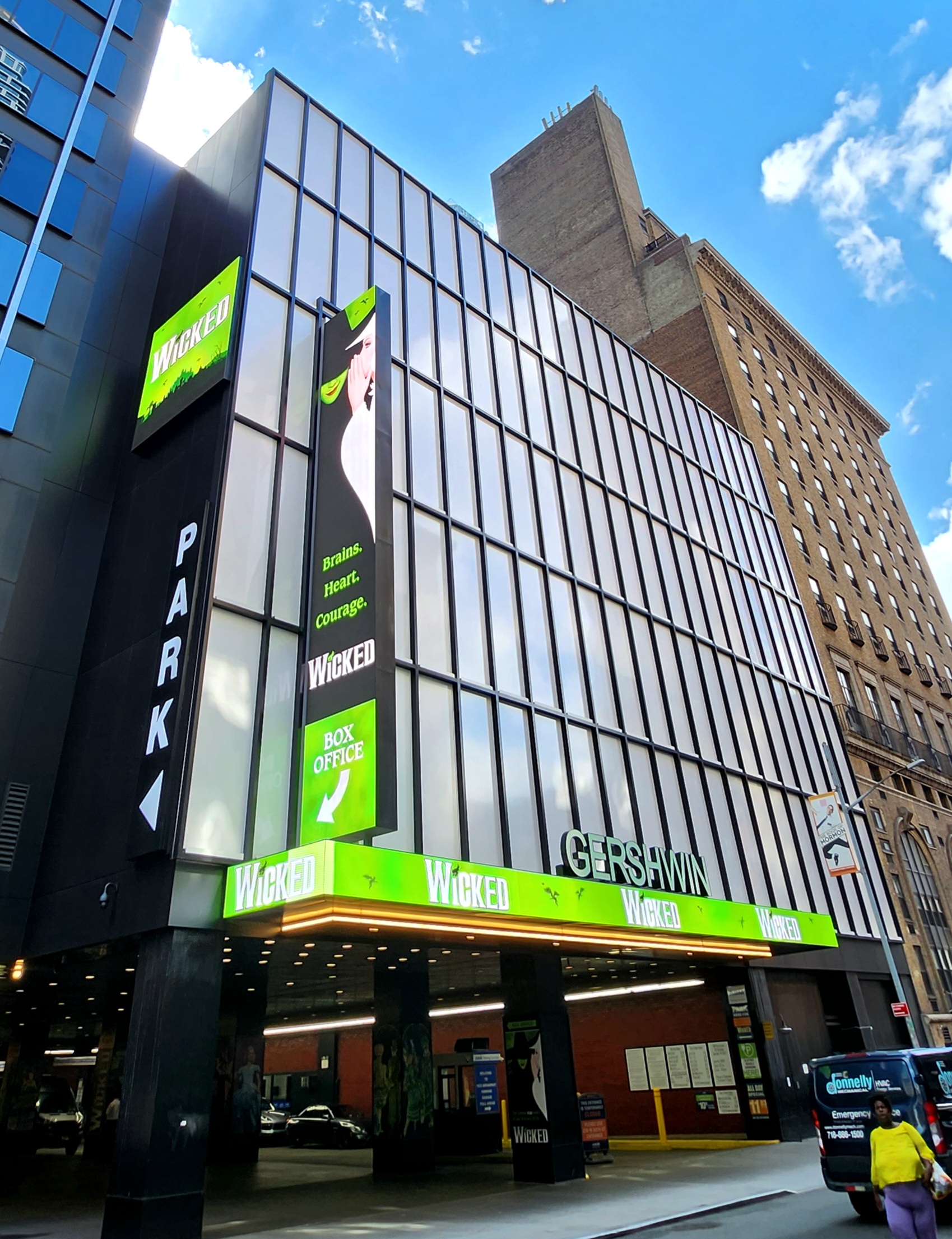 Gershwin Theatre exterior on West 51st Street with Wicked signage in New York City