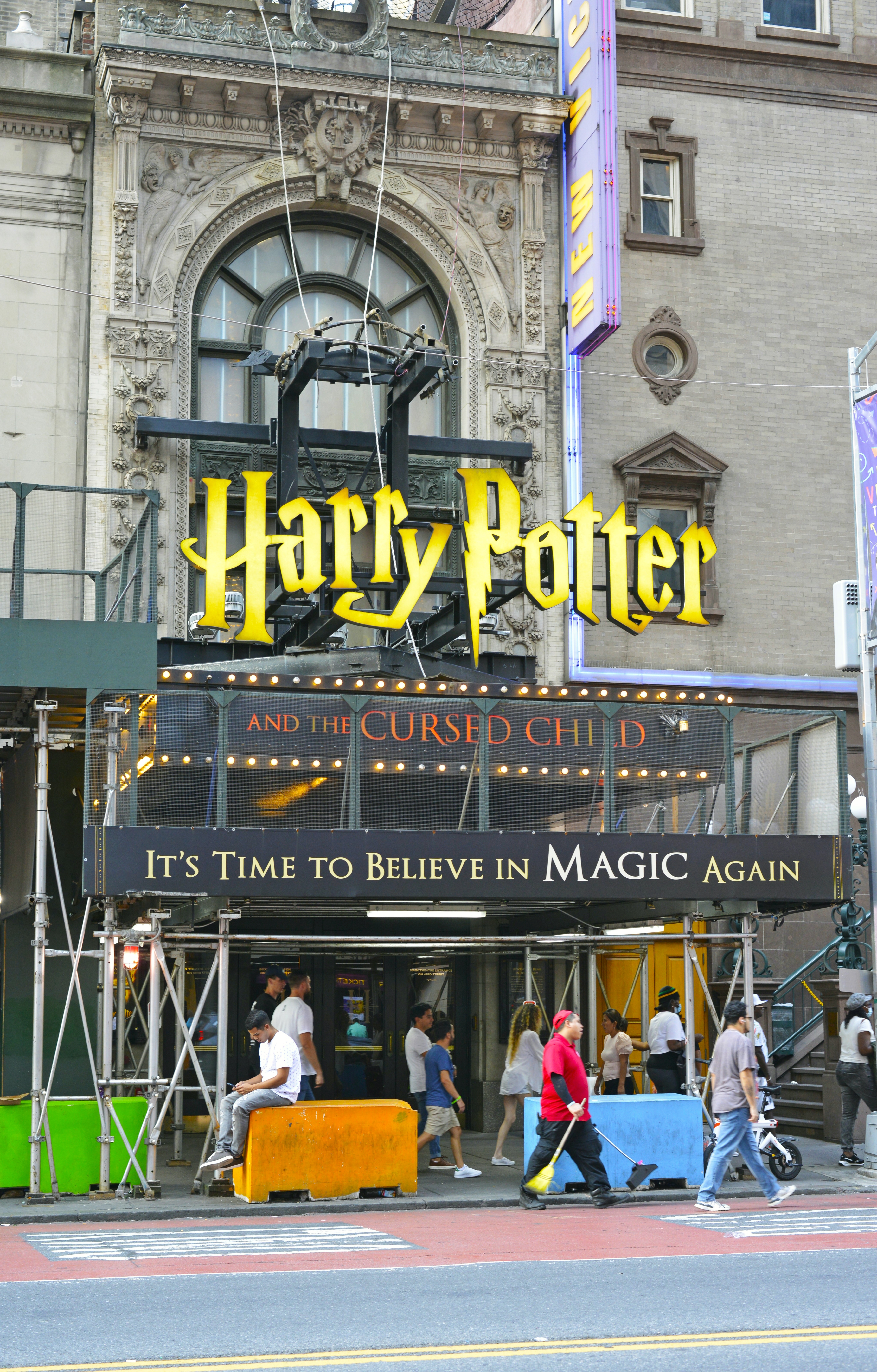 Lyric Theatre in New York City with the Harry Potter and the Cursed Child Broadway marquee and 42nd Street entrance