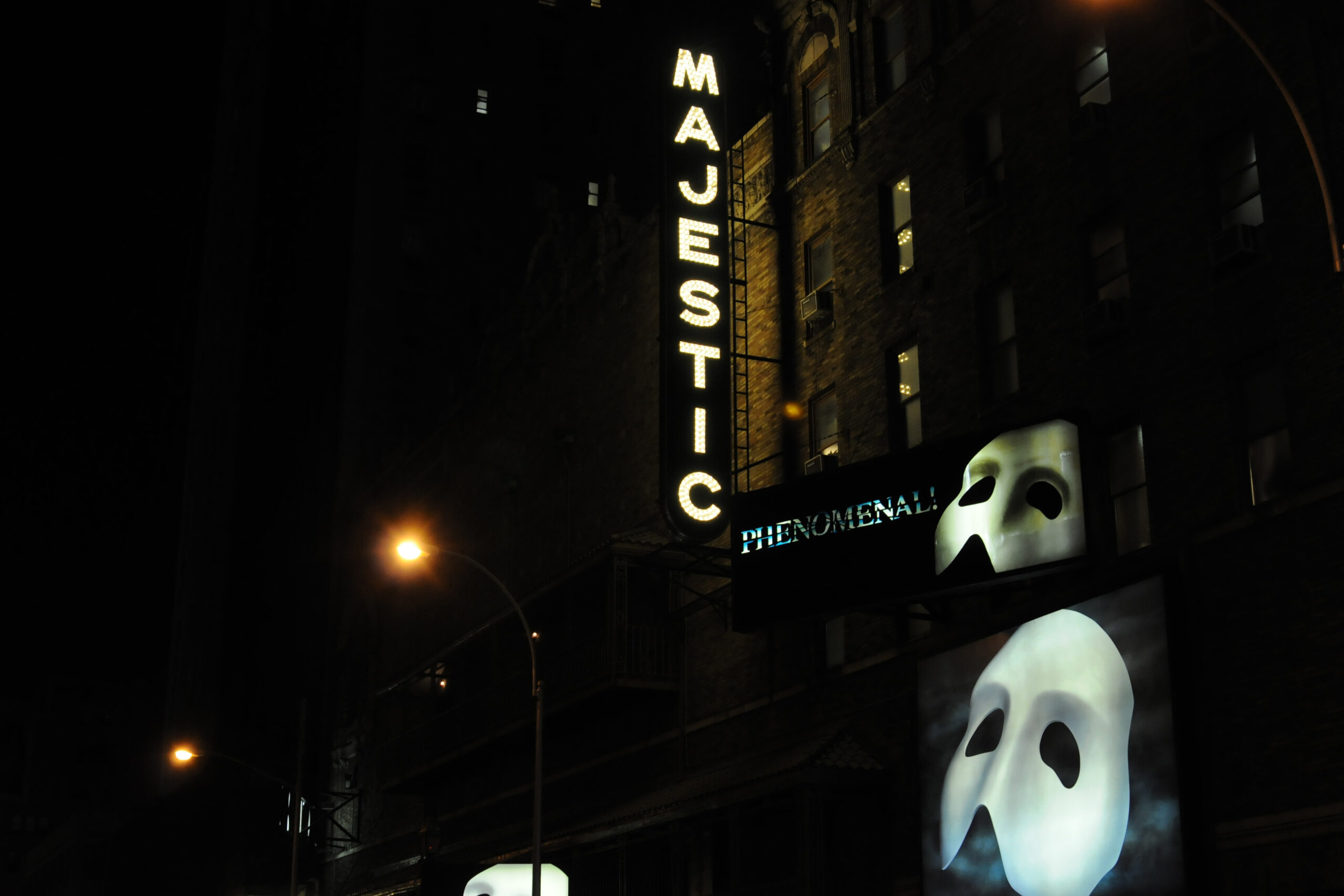 Majestic Theatre on West 44th Street in New York City showing the Broadway theater facade, marquee, and historic exterior