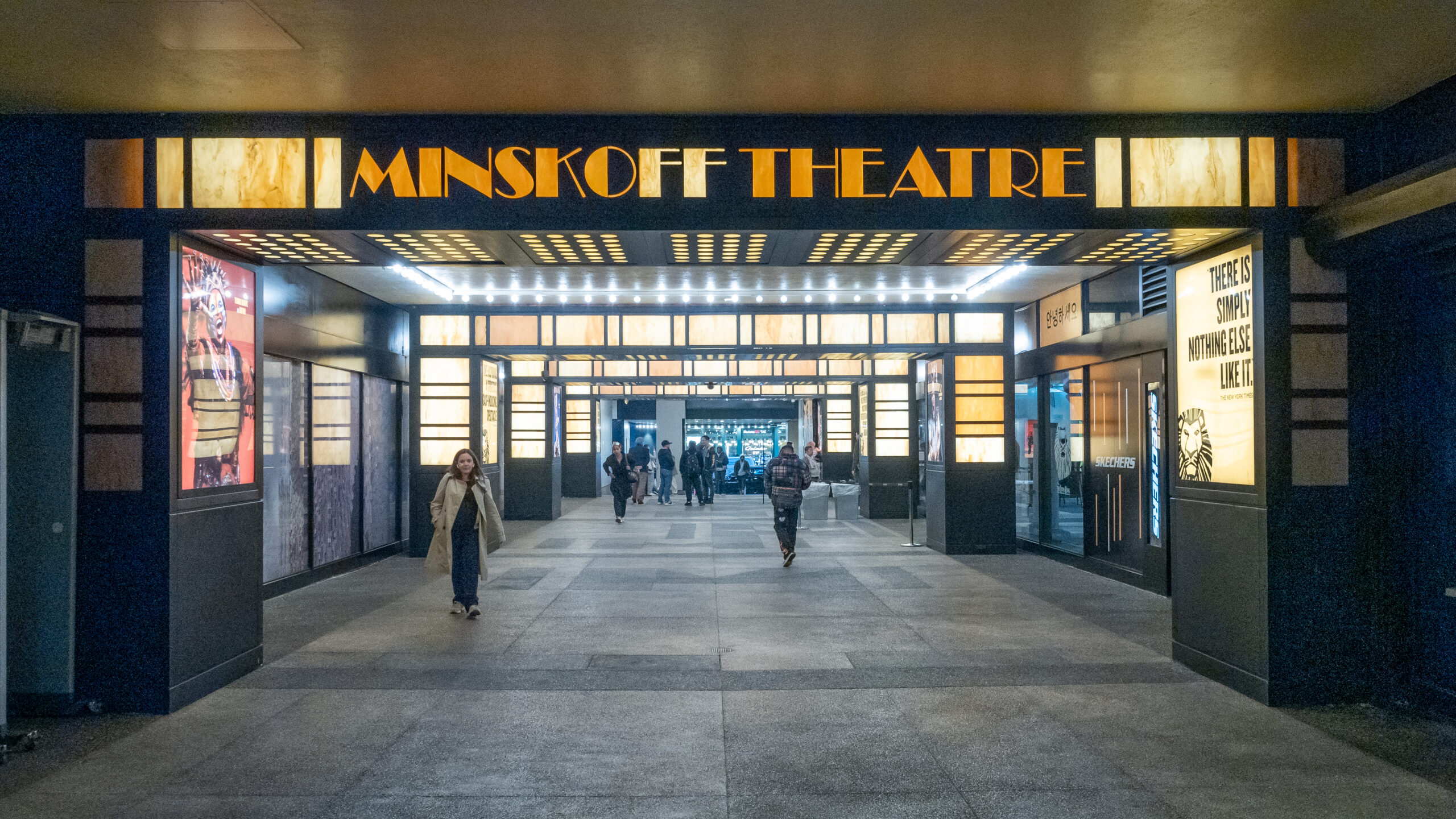 Minskoff Theatre in Times Square showing the Broadway theater facade and The Lion King signage