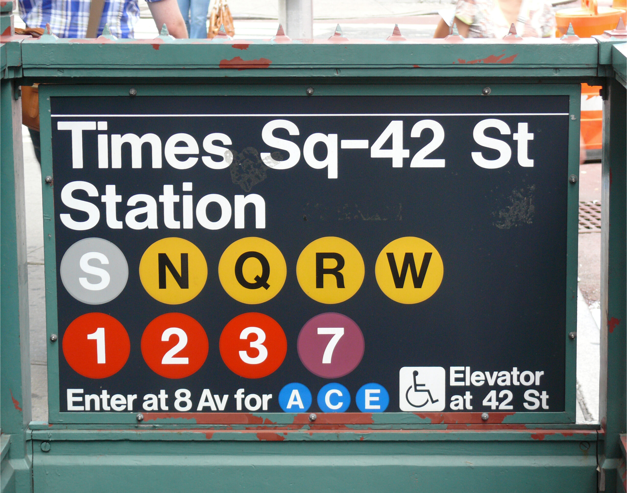 Times Square 42nd Street subway station sign for NYC shows and events transportation planning