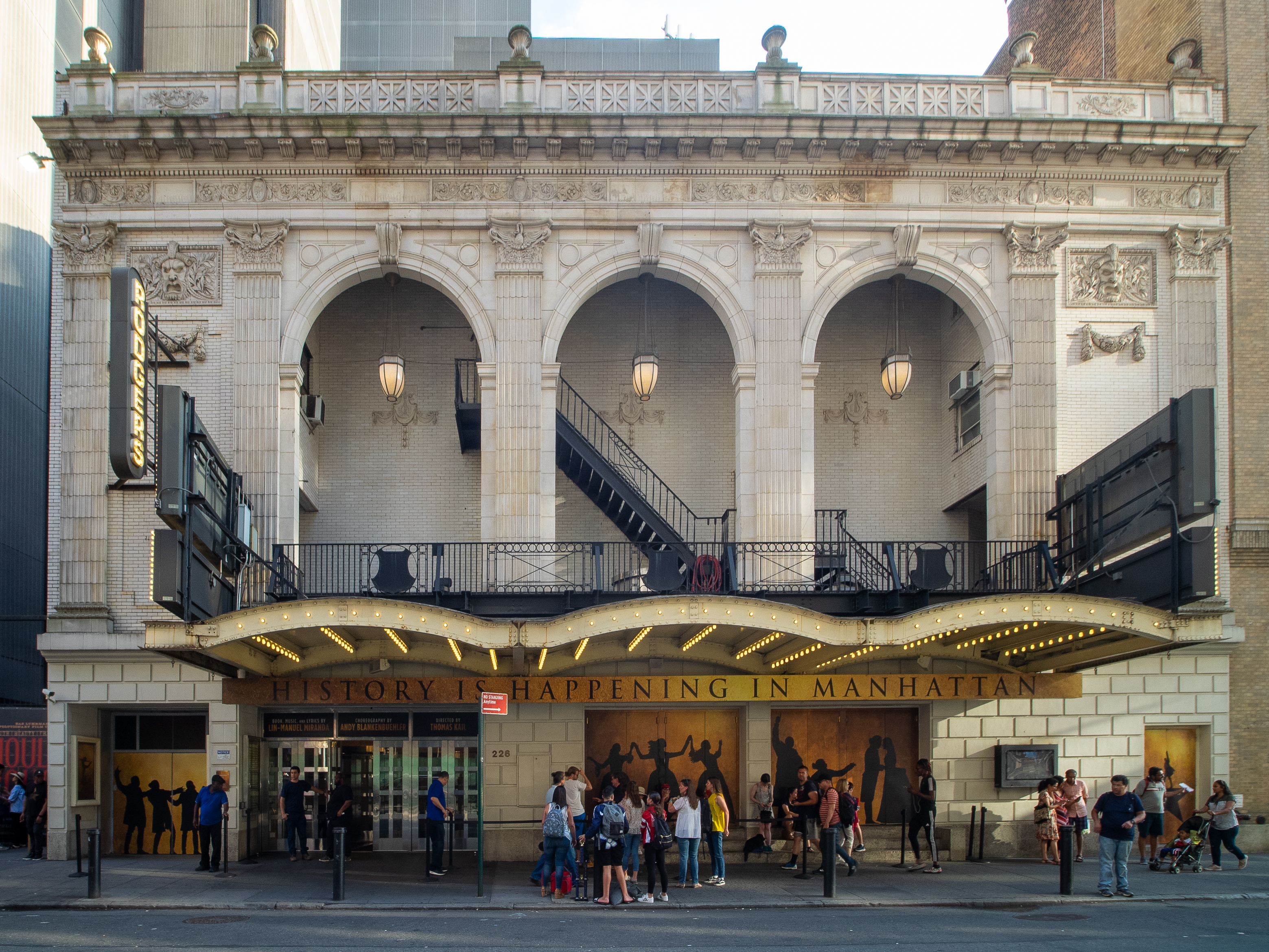 Richard Rodgers Theatre in Manhattan with the Hamilton marquee outside the Broadway theater