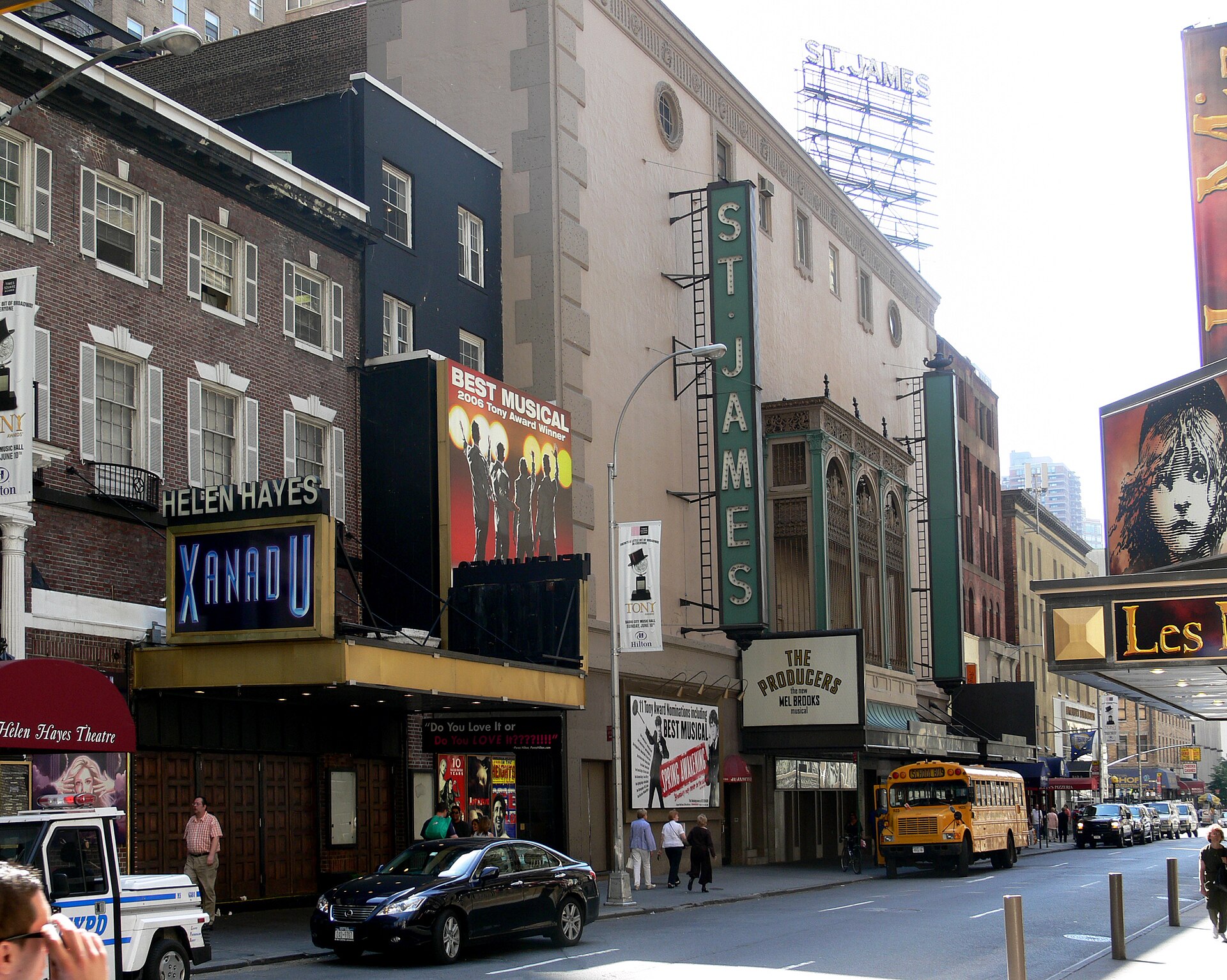 St. James Theatre exterior on West 44th Street in the Broadway Theater District of Manhattan