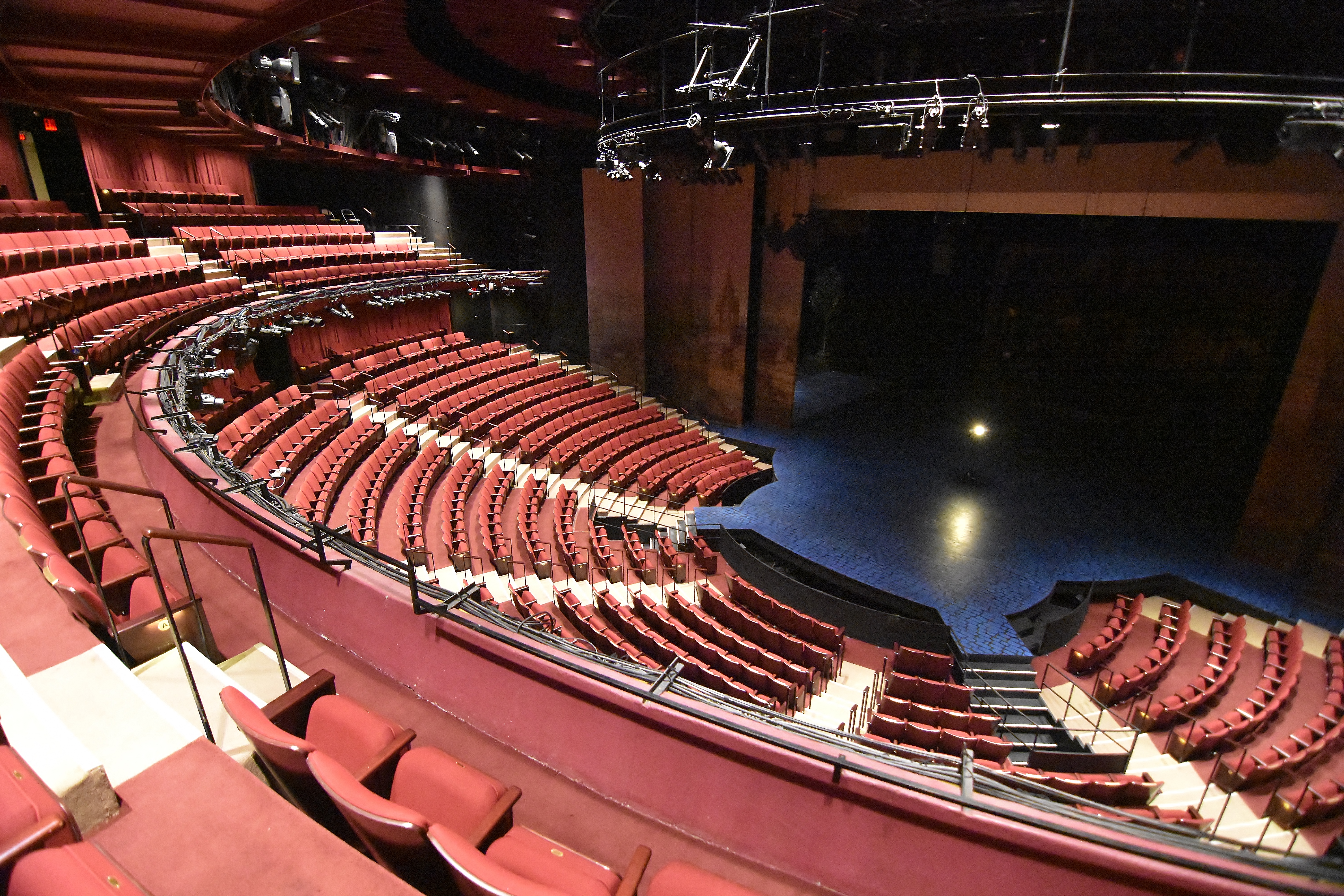 Interior of the Vivian Beaumont Theater at Lincoln Center showing the Broadway auditorium, stage, and seating areas