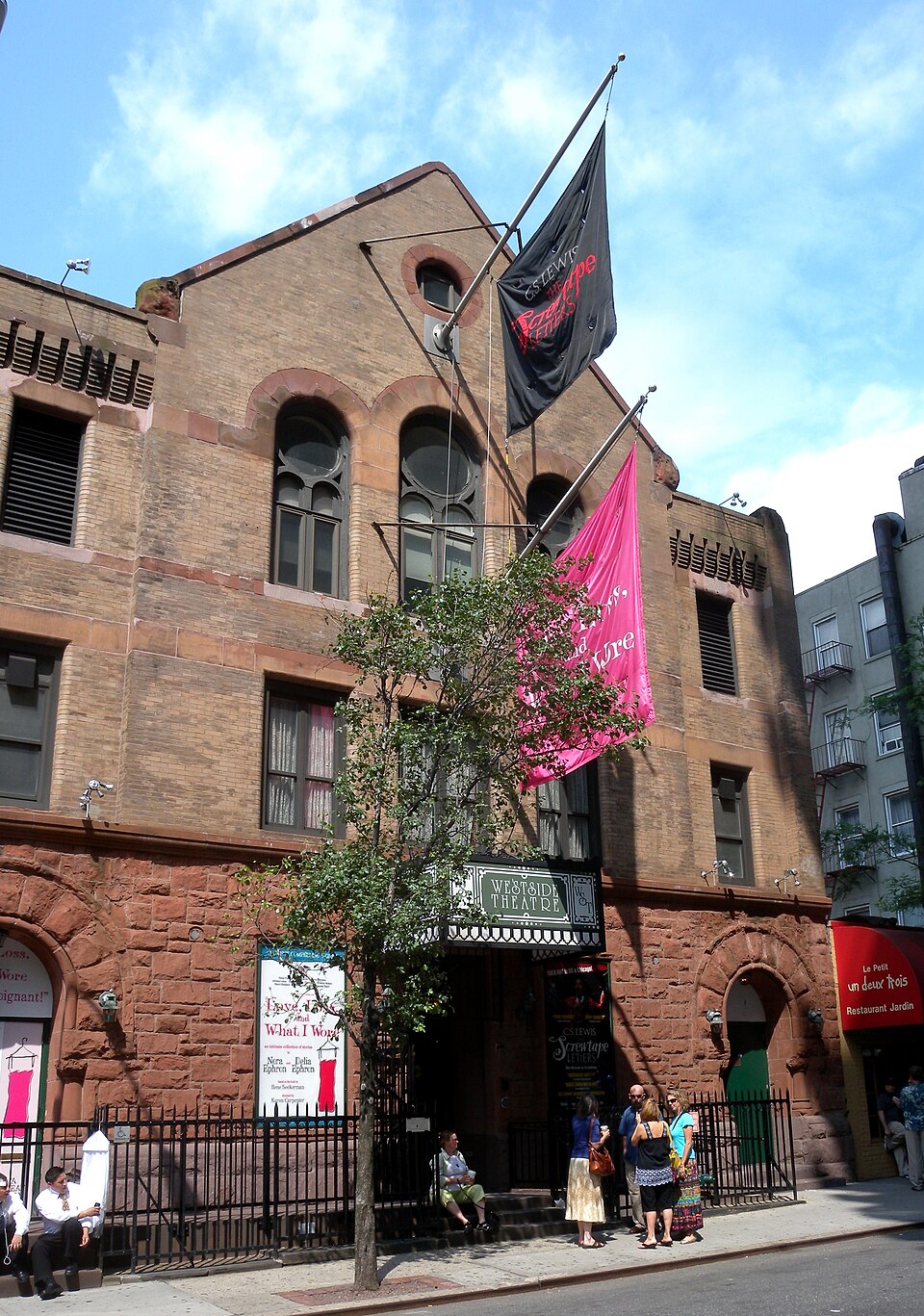 Exterior of Westside Theatre on West 43rd Street in Hell’s Kitchen, home to intimate Off-Broadway Upstairs and Downstairs seating