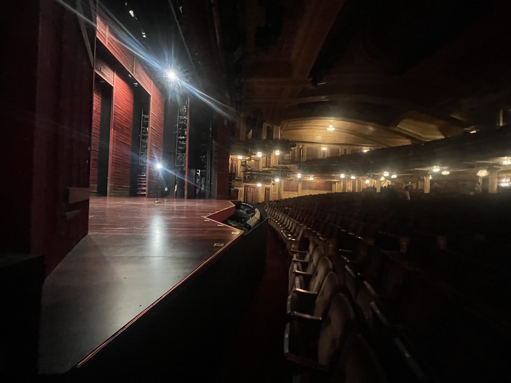 Interior of the Winter Garden Theatre on Broadway showing the stage, Orchestra seating, Mezzanine, and auditorium sightlines