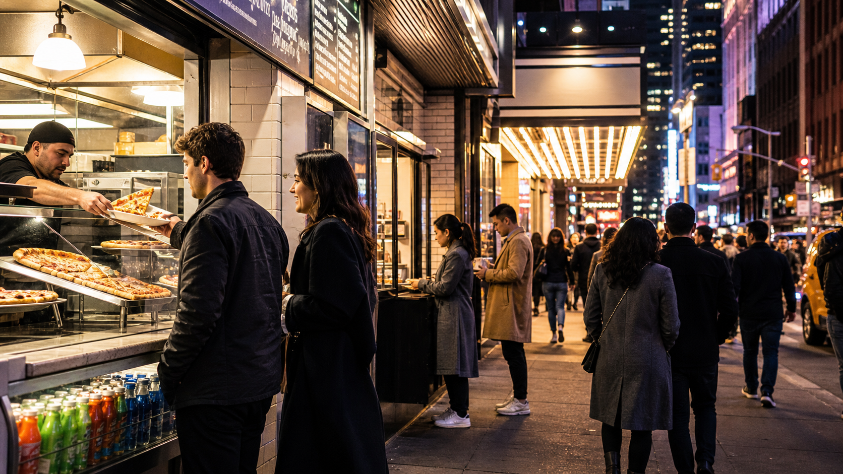 Quick bites near NYC venues with a pizza counter and busy evening sidewalk before shows and events