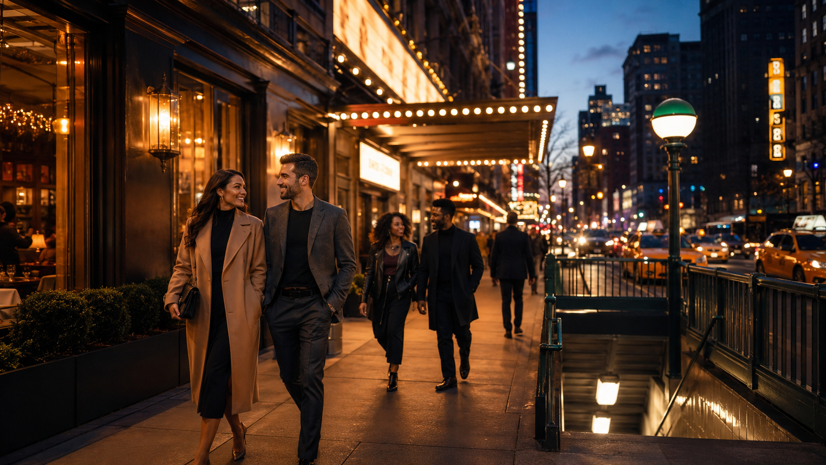 People walking through a glowing NYC theater district street before a show, with marquee lights, taxis, restaurants, and a subway entrance nearby.