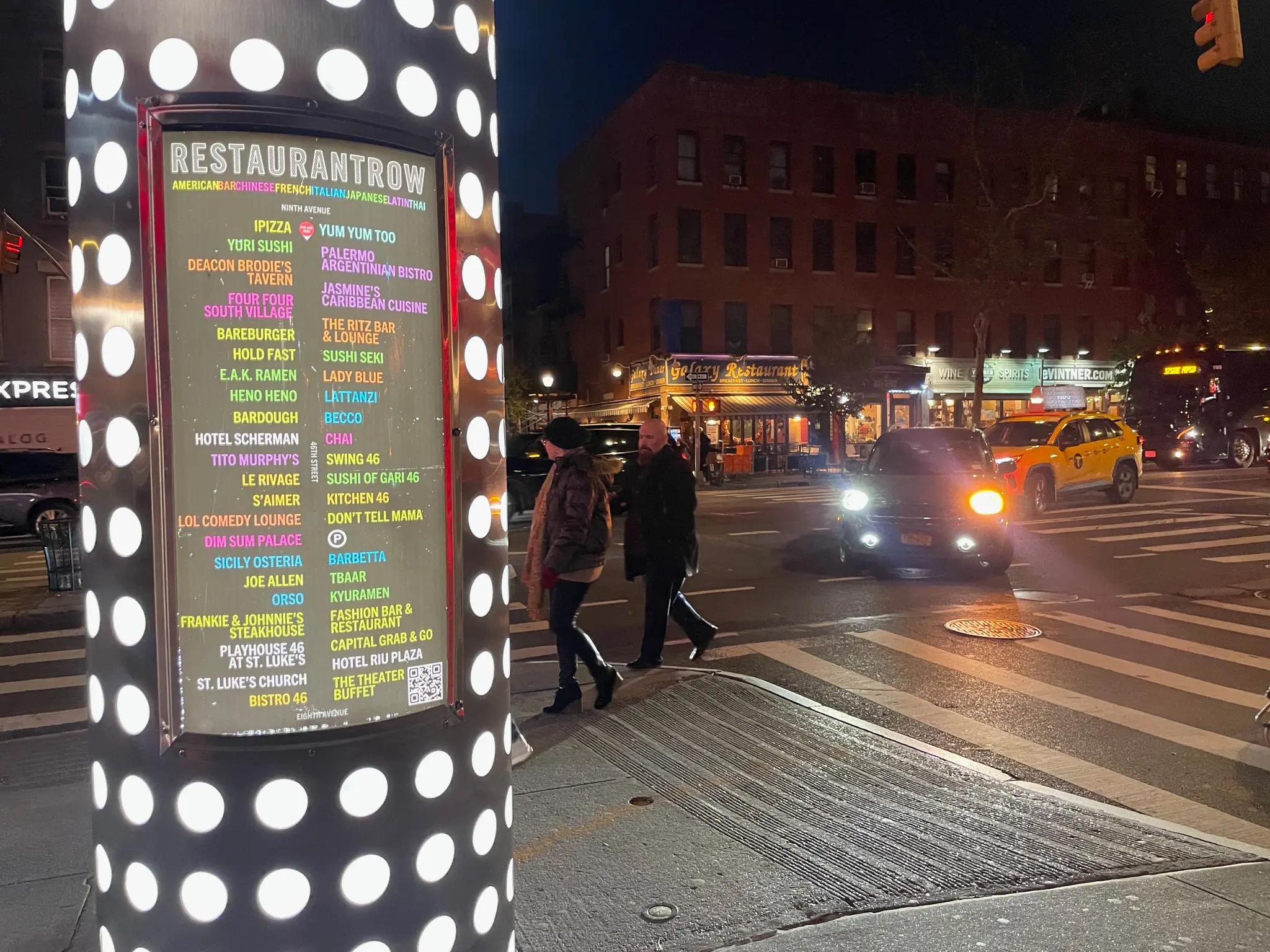 Theater District NYC restaurants near Broadway with Restaurant Row dining, theater marquees, and pre-show crowds at night