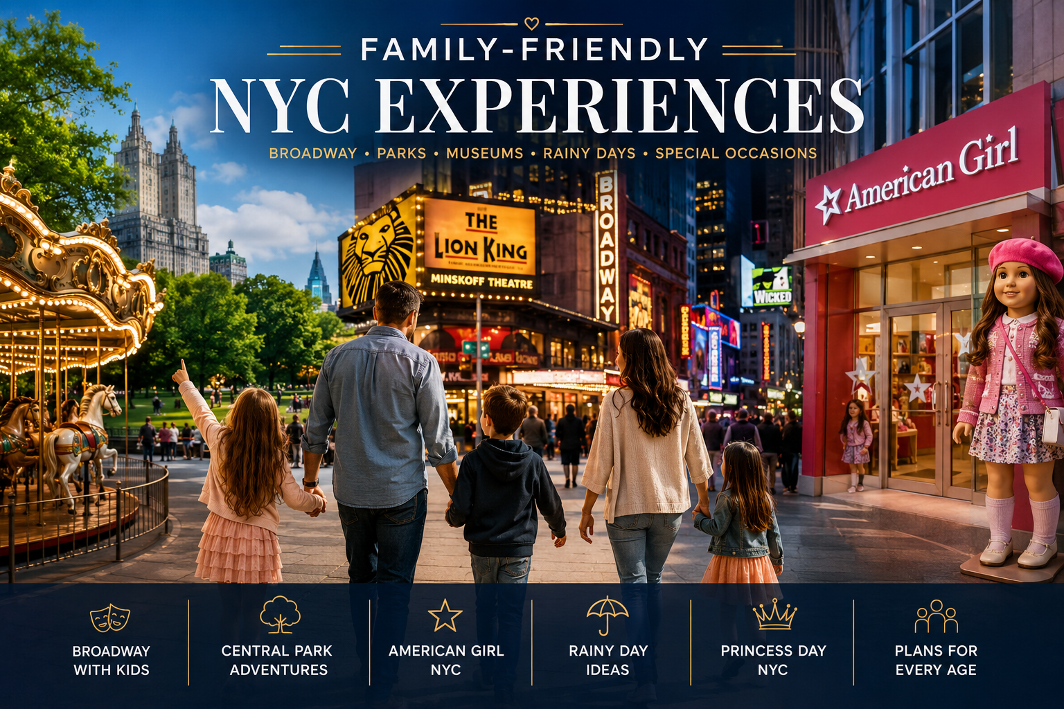 Family walking through New York City with Broadway, museums, parks, kid-friendly dining, and easy transit options around them.
