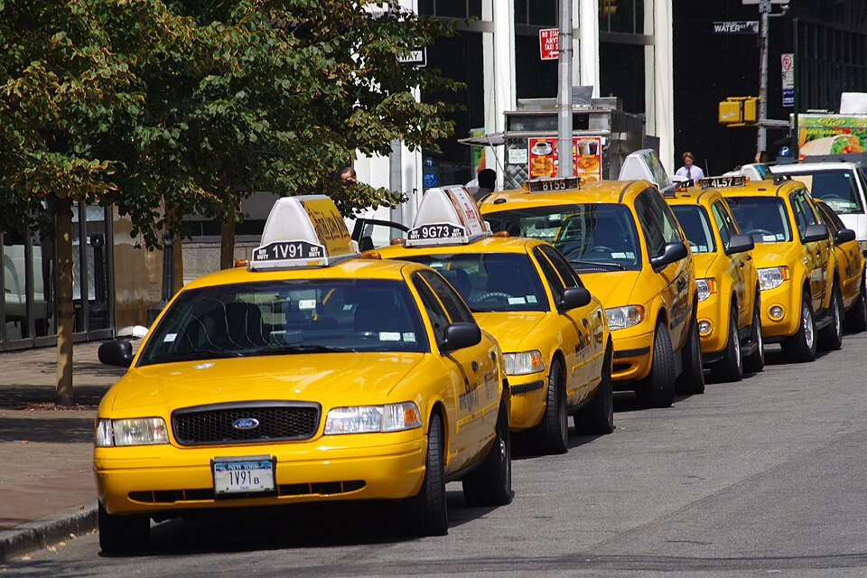 Yellow taxis in New York City for late-night transportation after shows, concerts, and events