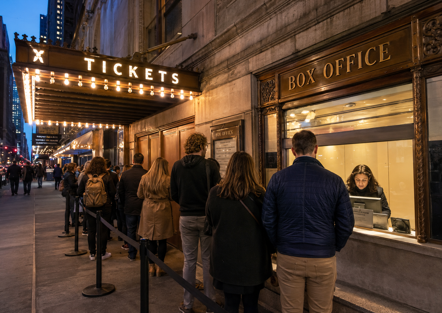 Broadway theater box office with people waiting in line for same-day rush tickets in New York City