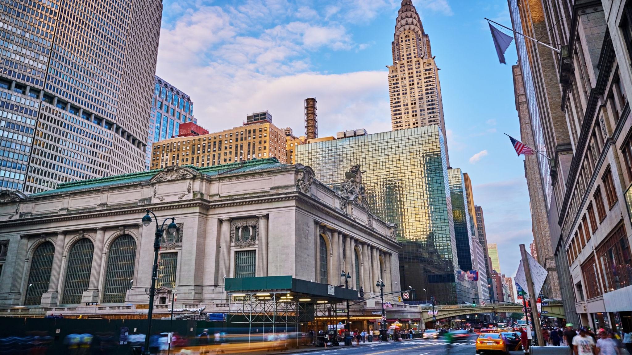 Midtown East NYC with Grand Central Terminal, Chrysler Building, yellow taxis, Park Avenue, and the Grand Central corridor