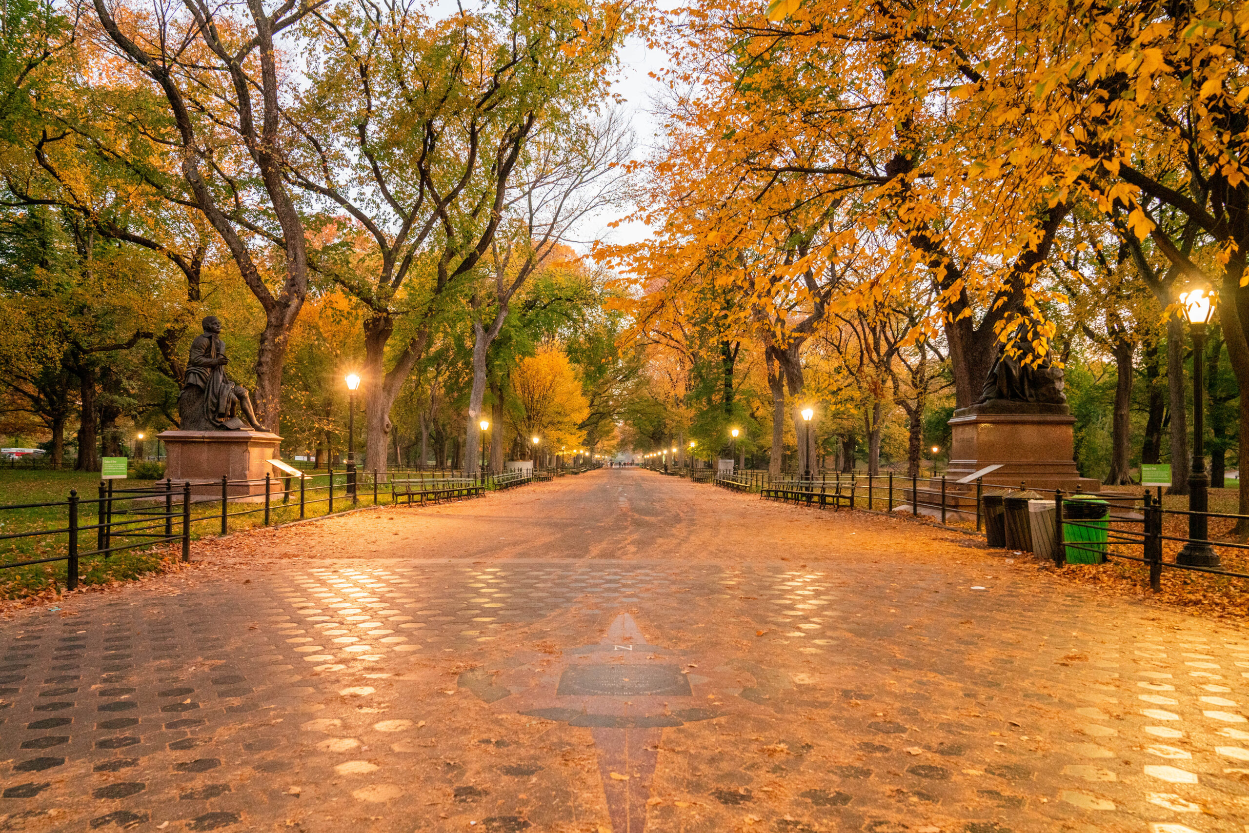 The Mall in Central Park during fall foliage season in New York City, with autumn trees lining the walkway.