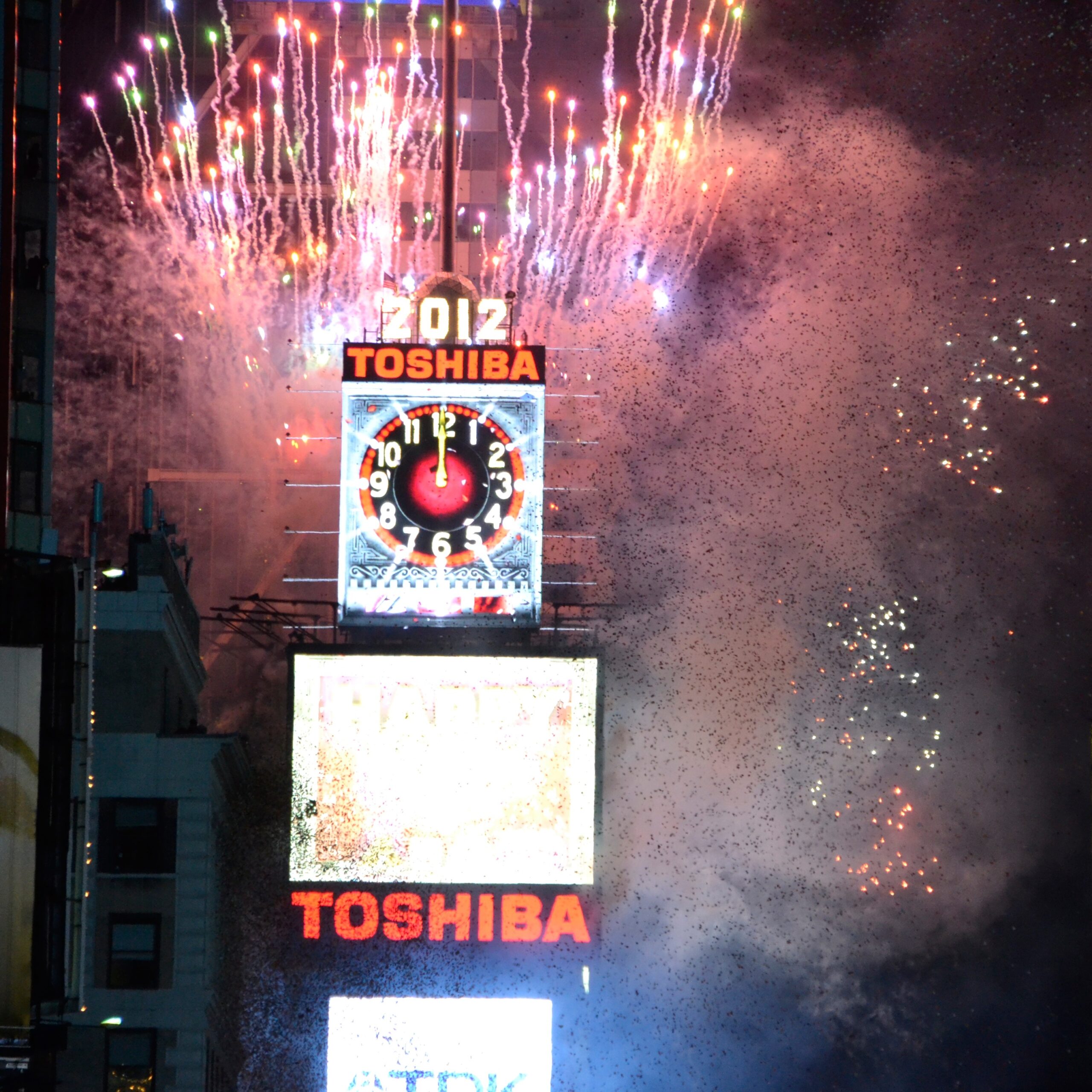 Times Square New Year’s Eve ball drop with fireworks and confetti in New York City