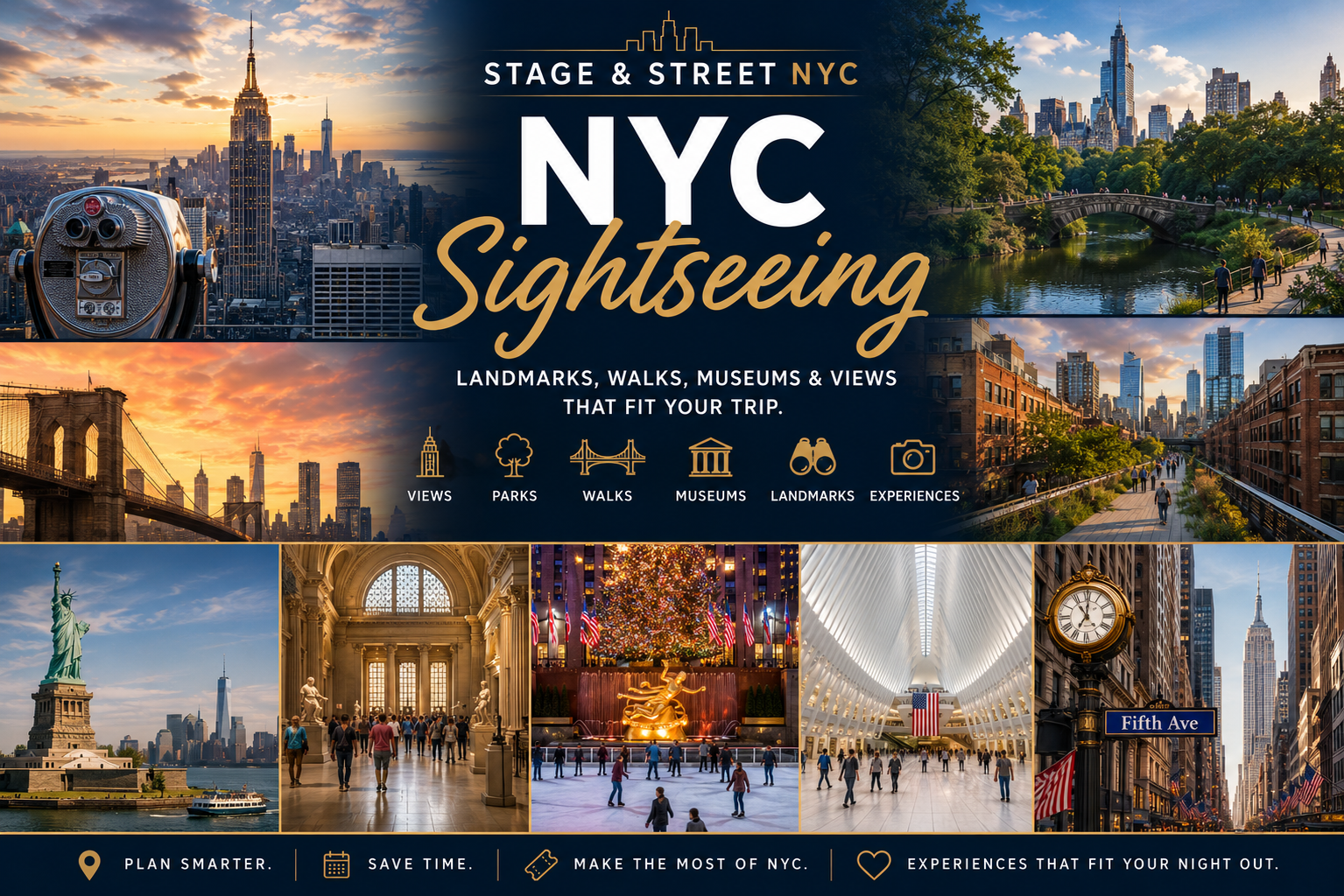 Stage & Street NYC sightseeing guide with landmarks museums observation decks and walking routes