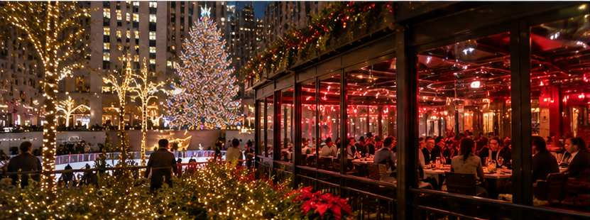 Couple walking near Rockefeller Center restaurants at night before a Midtown date-night dinner