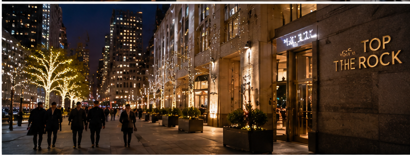Couple walking near Rockefeller Center restaurants at night before a Midtown date-night dinner
