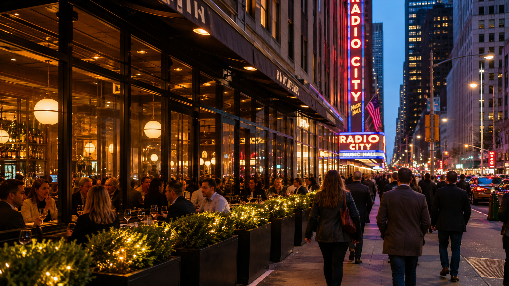 Couple walking near Rockefeller Center restaurants at night before a Midtown date-night dinner