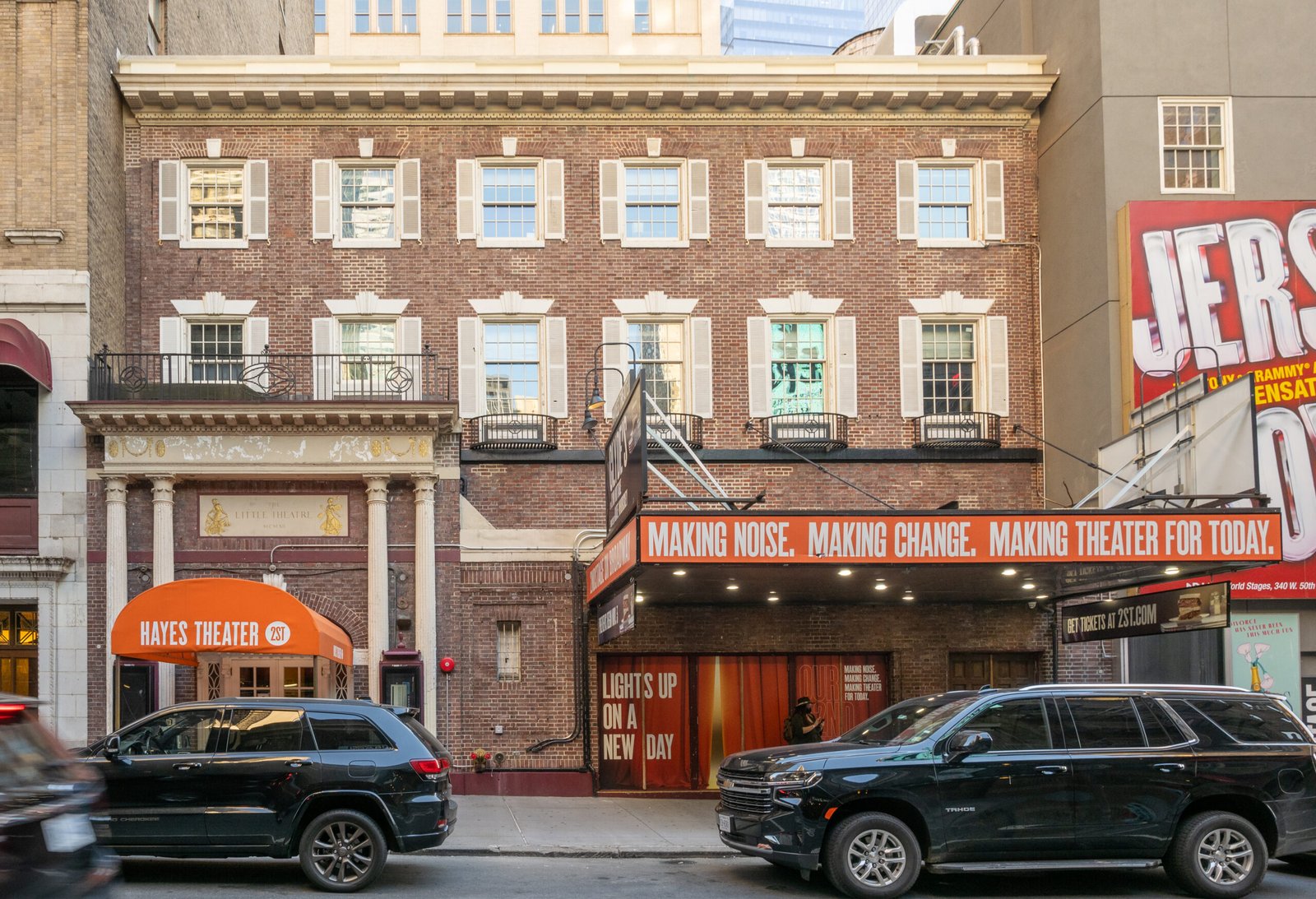Hayes Theater exterior on West 44th Street in New York City, home of The Fantasticks on Broadway