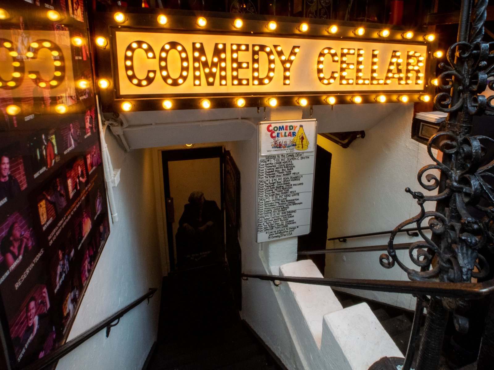 Comedy Cellar entrance in Greenwich Village, Manhattan, a famous destination for live stand-up comedy shows in NYC