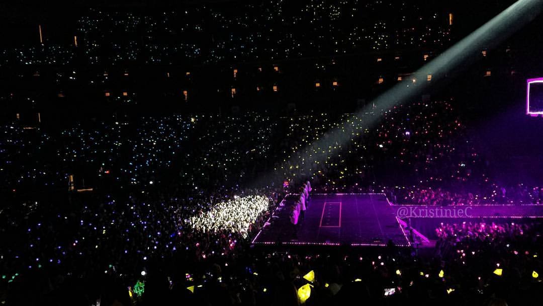 Elevated concert seating view at Prudential Center showing the stage, floor audience, and surrounding arena seating