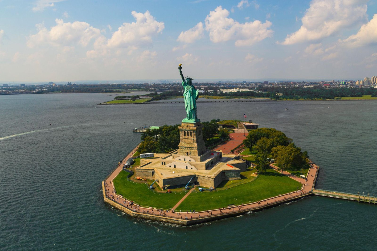Aerial view of the Statue of Liberty and Liberty Island from a New York City helicopter sightseeing tour